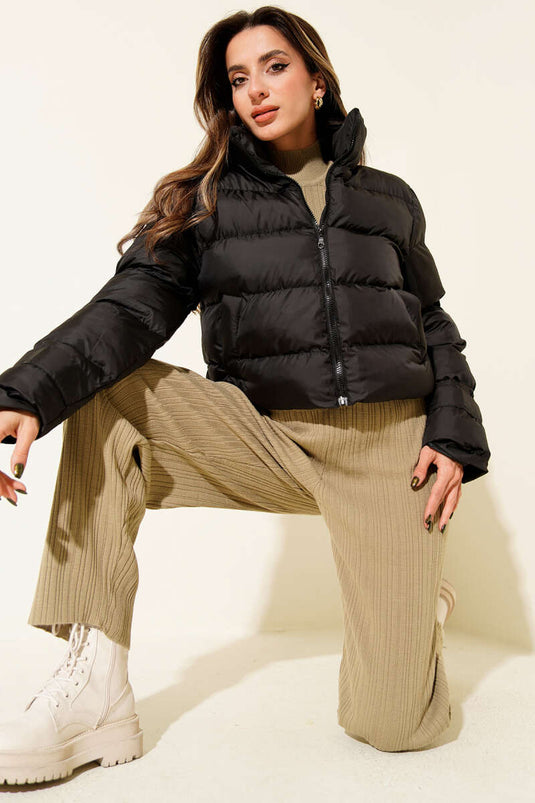 Stand-up Collar Zip-Up Short Puffer Jacket, Black