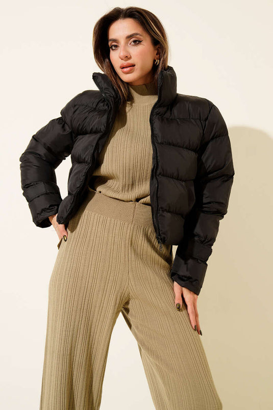 Piumino corto con collo alto e cerniera, nero