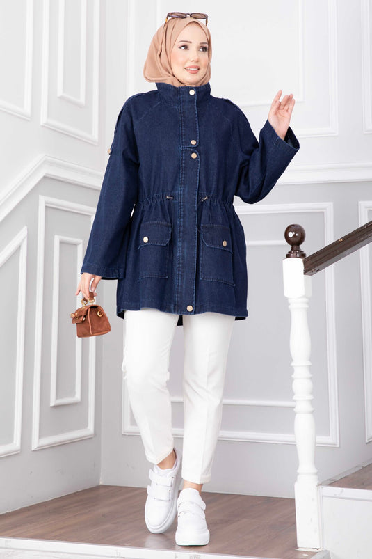 Lange Kragen Reißverschluss Jeansjacke - Marineblauer Trenchcoat