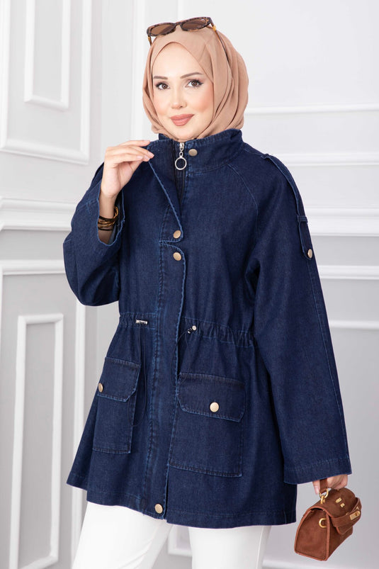 Lange Kragen Reißverschluss Jeansjacke - Marineblauer Trenchcoat