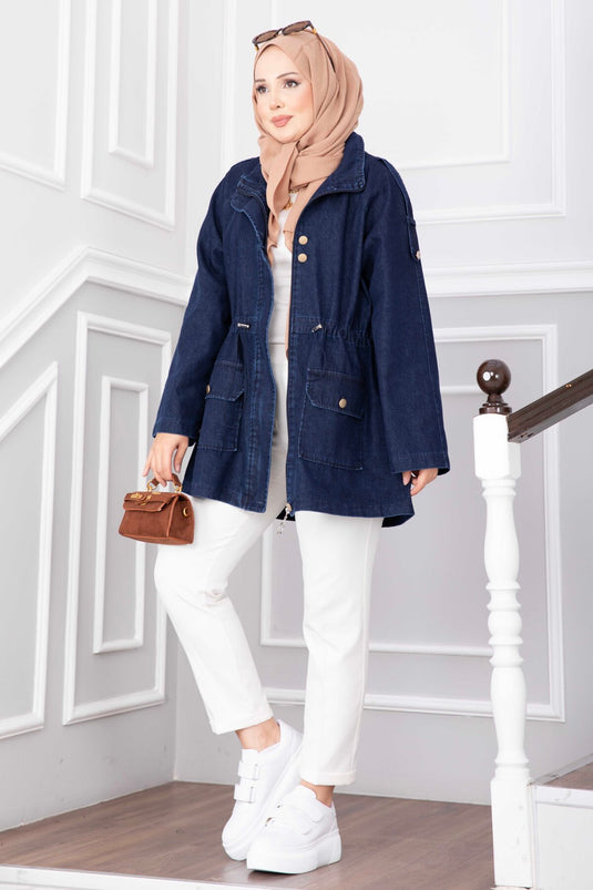 Lange Kragen Reißverschluss Jeansjacke - Marineblauer Trenchcoat