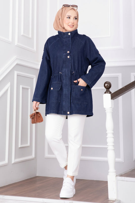 Lange Kragen Reißverschluss Jeansjacke - Marineblauer Trenchcoat