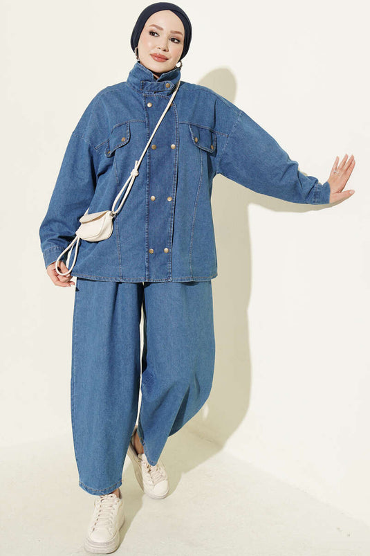 Light Blue Denim Zippered Two-Piece Set With High Collar