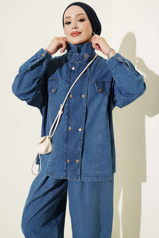 Light Blue Denim Zippered Two-Piece Set With High Collar