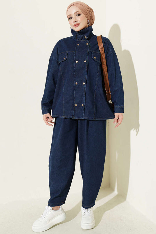 Blue Denim Zippered Two-Piece Set With Stand Collar