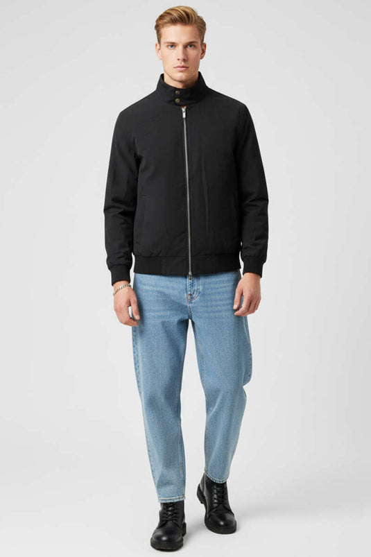 High Collar Zippered Seasonal Men's Coat Black