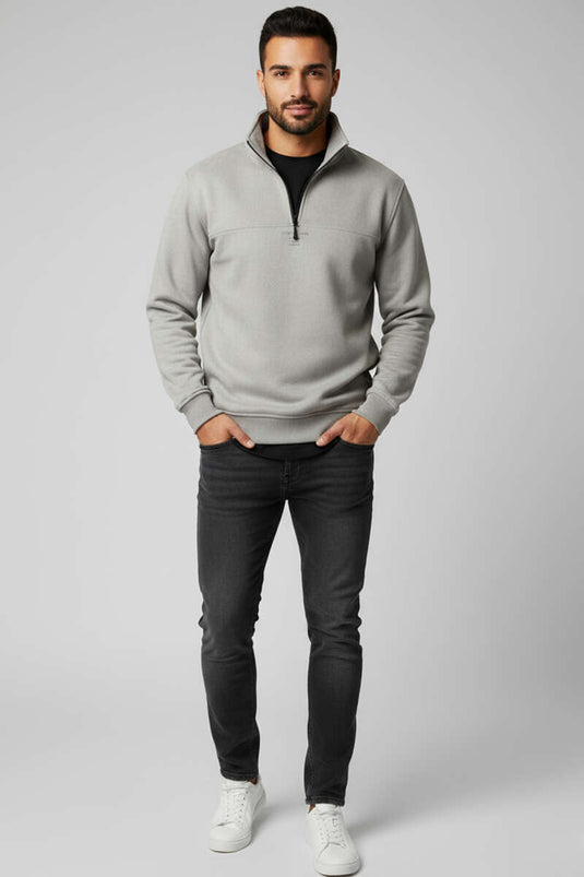 Dik Yaka Fermuarlı Süet Erkek Kazak Gri