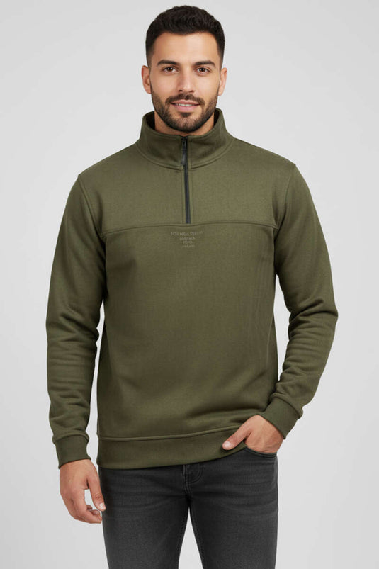 Dik Yaka Fermuarlı Süet Erkek Kazak Haki