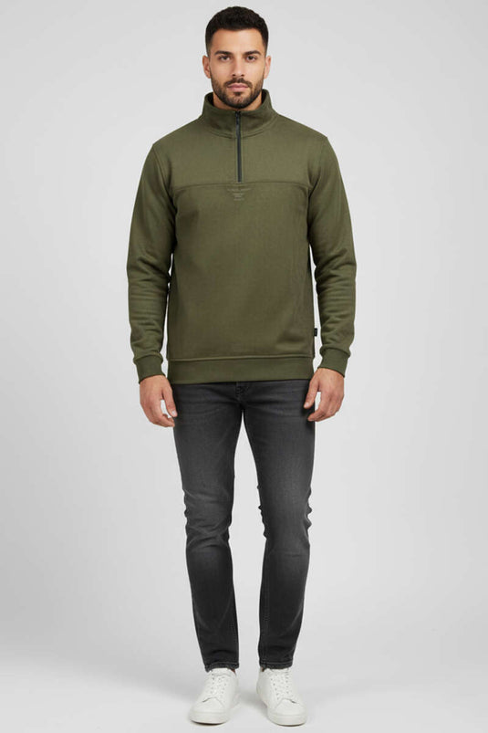 Dik Yaka Fermuarlı Süet Erkek Kazak Haki