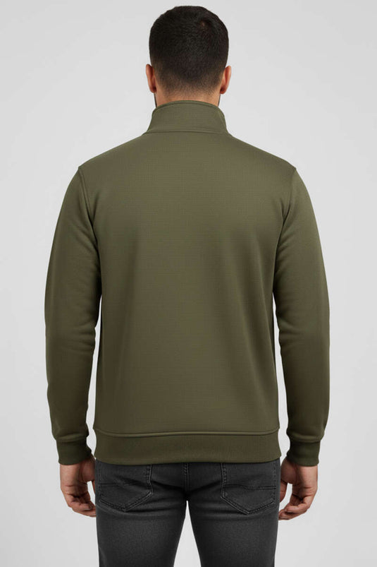 Dik Yaka Fermuarlı Süet Erkek Kazak Haki