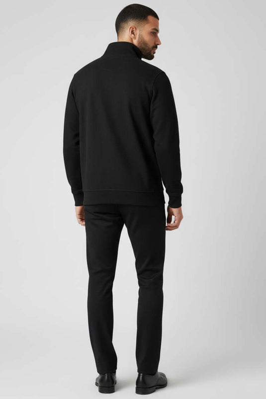 High-Neck Suede Men's Zip-Up Sweater, Black
