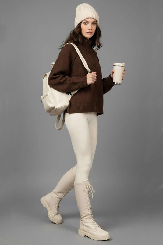 High-Neck Zip-Up Knit Cardigan, Brown