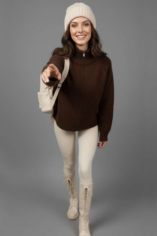 High-Neck Zip-Up Knit Cardigan, Brown