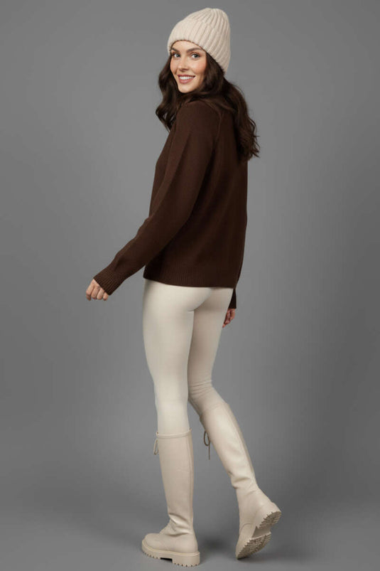 High-Neck Zip-Up Knit Cardigan, Brown