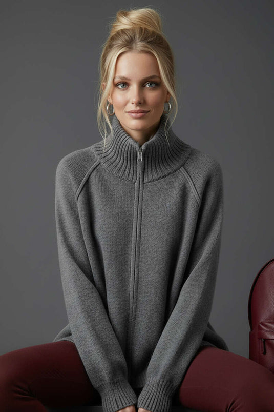 High-Neck Zip-Up Knit Cardigan, Slate Grey