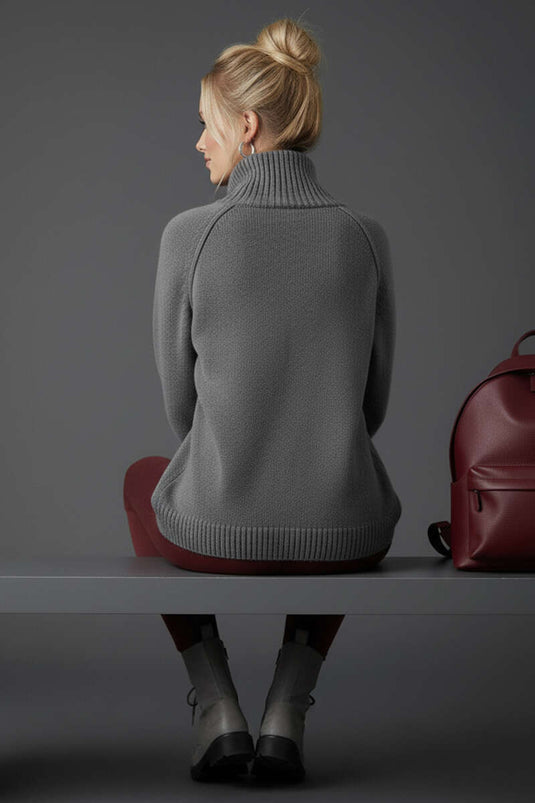 High-Neck Zip-Up Knit Cardigan, Slate Grey