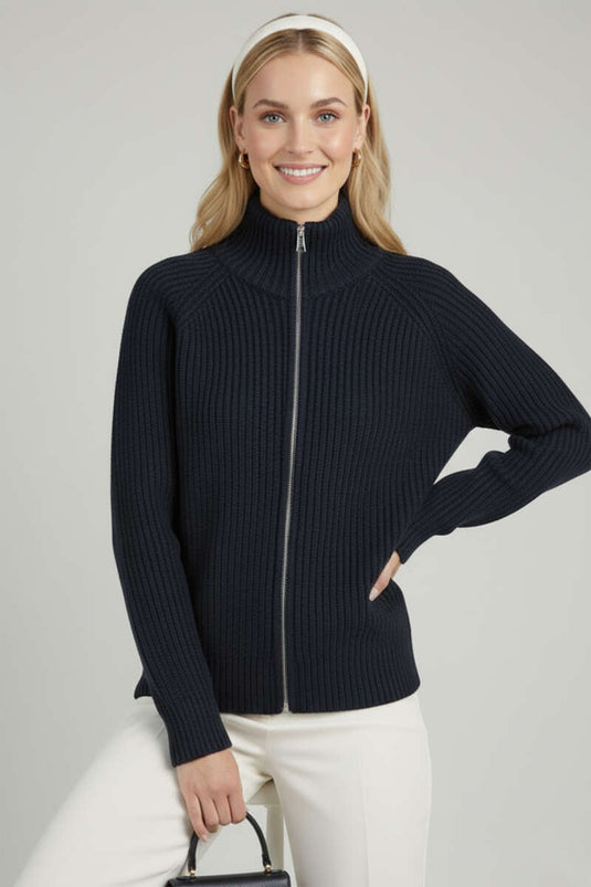 High-Neck Zip-Up Knit Cardigan, Navy Blue