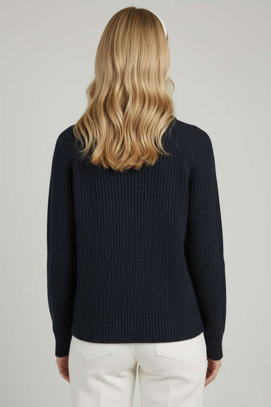 High-Neck Zip-Up Knit Cardigan, Navy Blue