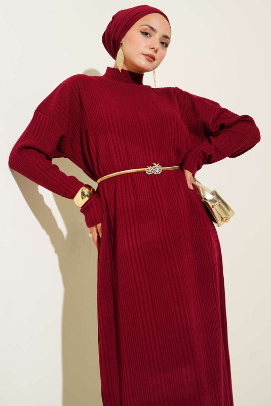 Robe En Maille Côtelée À Col Roulé Bordeaux