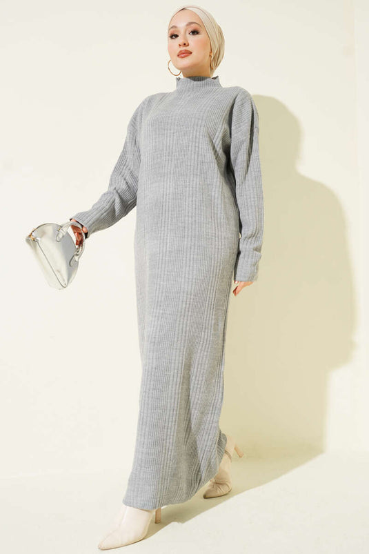 Dik Yaka Fitilli Triko Elbise Gri