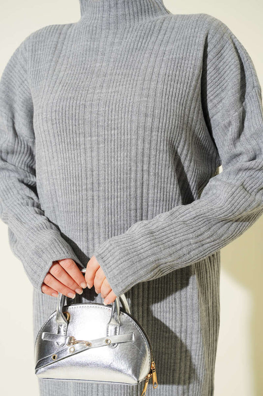 Dik Yaka Fitilli Triko Elbise Gri