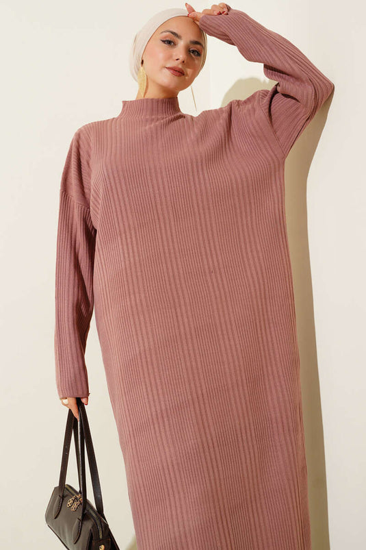 Robe en maille côtelée à col montant Rose poudré