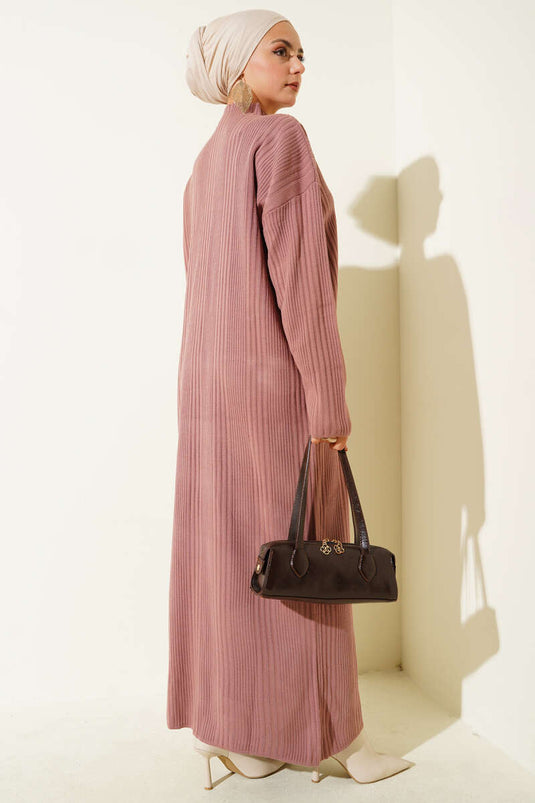 Robe en maille côtelée à col montant Rose poudré