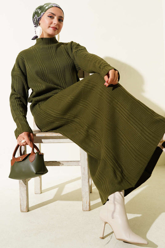 High-Neck Ribbed Knit Dress, Khaki