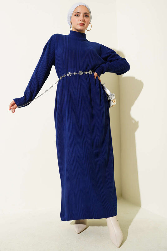 Crew Neck Ribbed Knit Dress Navy Blue