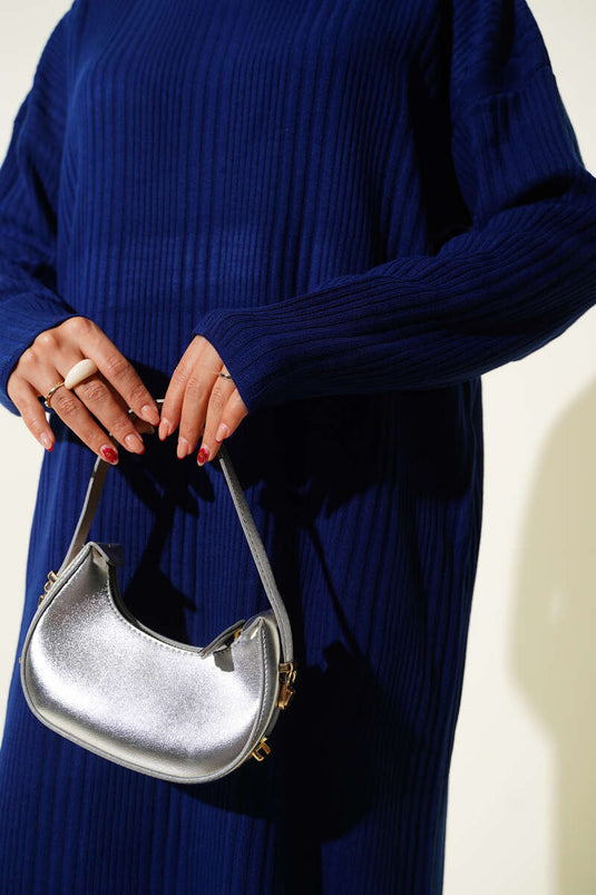 Crew Neck Ribbed Knit Dress Navy Blue