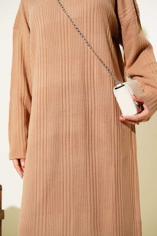 High Neck Ribbed Knit Dress Latte