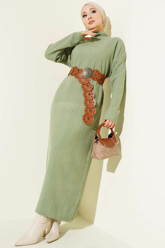 High Collar Ribbed Knit Dress, Aqua Green