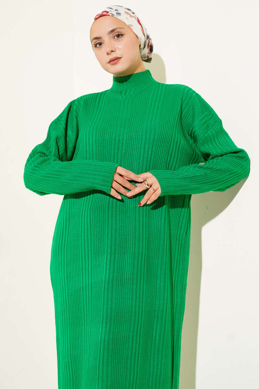 High-Neck Ribbed Knit Dress Green