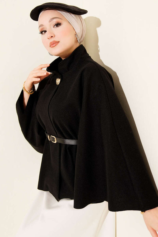 Black Stand-Up Collar Cashmere Poncho with Gold Buttons