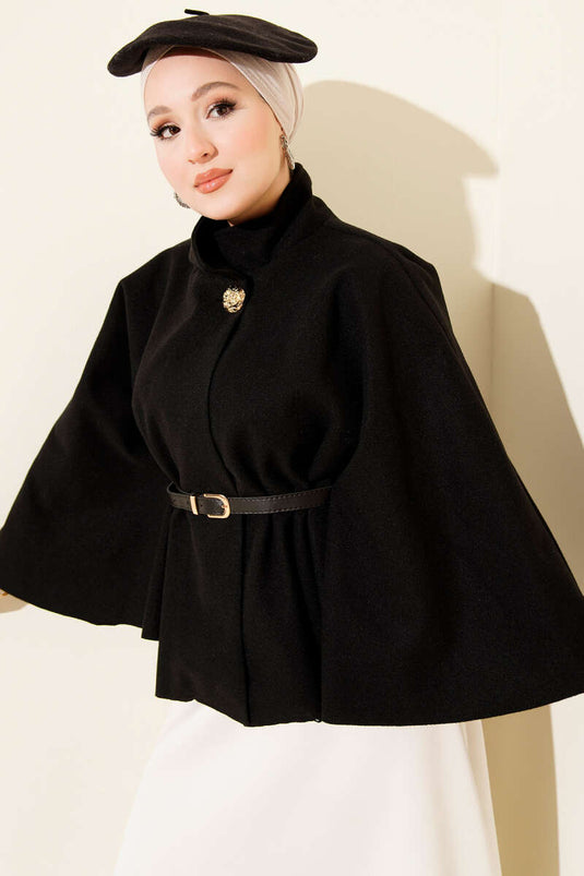 Poncho en cachemire noir à col montant et boutons dorés
