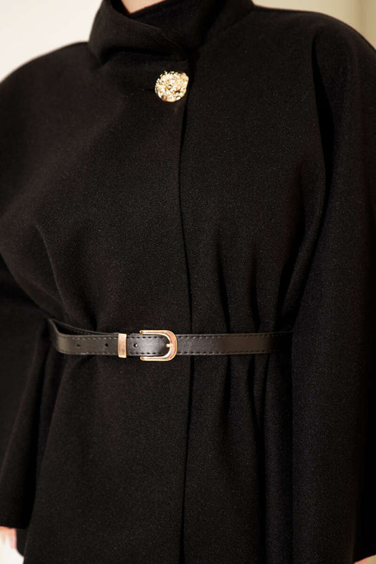 Black Stand-Up Collar Cashmere Poncho with Gold Buttons