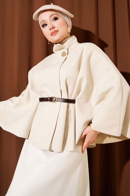 High-Neck Gold Buttoned Cashmere Poncho with Stones