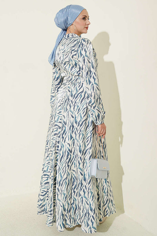 Abito Blu Con Collo Alto In Jacquard