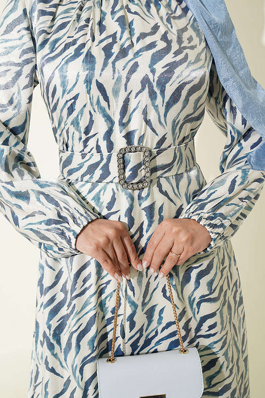 Abito Blu Con Collo Alto In Jacquard