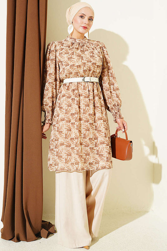 Camel Muster Chiffon Tunika Mit Hohem Kragen