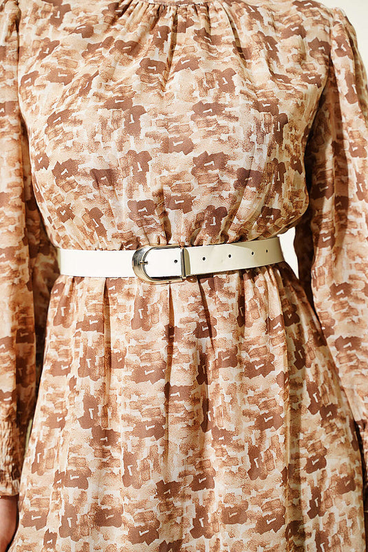 Camel Muster Chiffon Tunika Mit Hohem Kragen