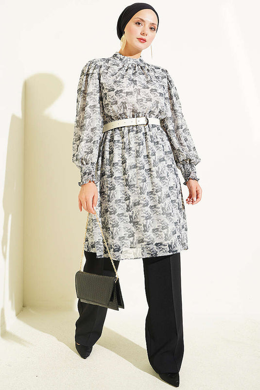 Grau Gemusterte Chiffon-Tunika Mit Hohem Kragen