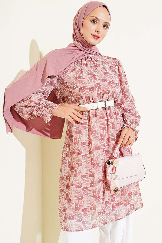 Túnica De Gasa Con Estampado De Rosa Y Cuello Alto