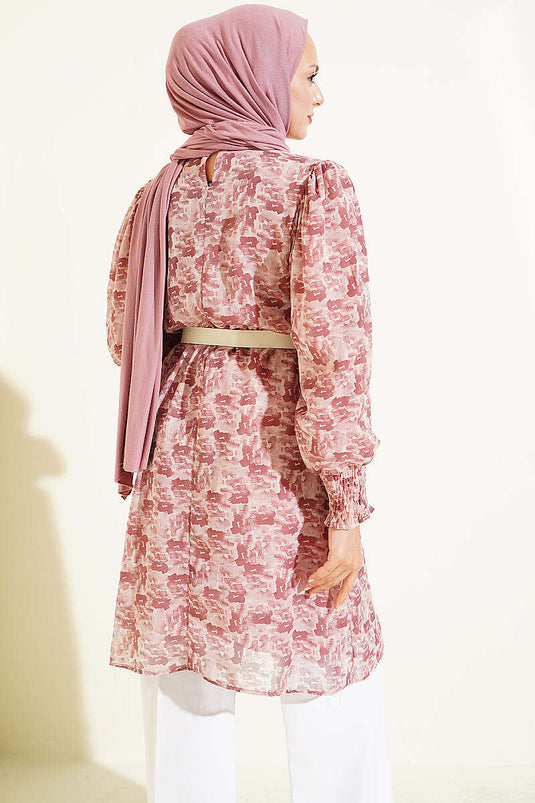 Túnica De Gasa Con Estampado De Rosa Y Cuello Alto