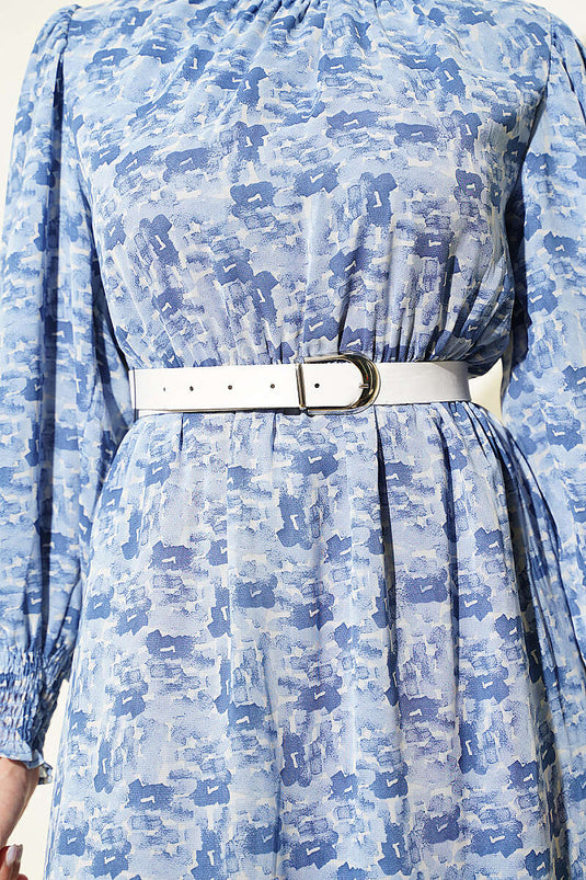 Blaue Gemusterte Chiffon-Tunika Mit Hohem Kragen