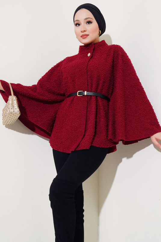 Poncho Boucle Ceinturé Col Haut Rouge Claret