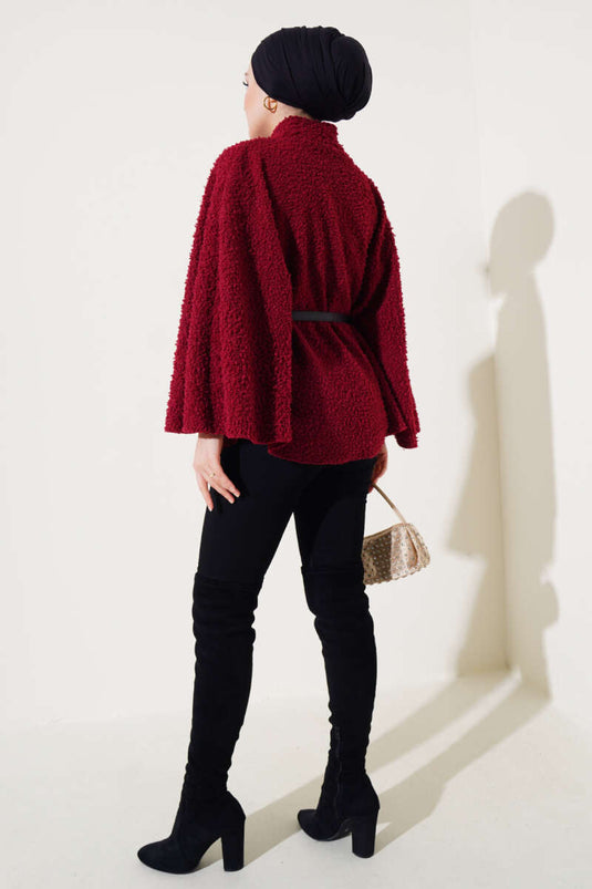 Poncho Boucle Ceinturé Col Haut Rouge Claret