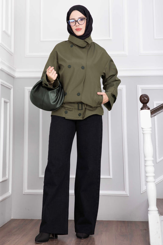 Hooded Belted Short Trench Coat In Khaki