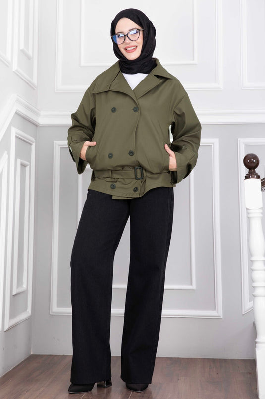 Hooded Belted Short Trench Coat In Khaki
