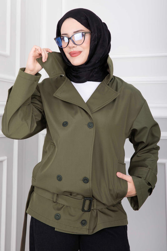 Hooded Belted Short Trench Coat In Khaki